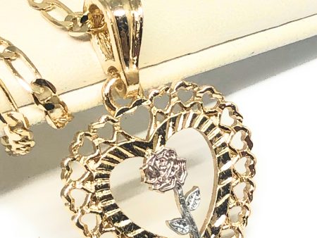 Gold Plated Tri-Color Heart Rose Pendant Necklace Figaro Chain 24” Hot on Sale