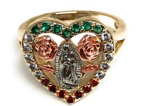 Gold Plated Tri-Color Virgin Mary Heart Flower CZ Ring Virgen De Guadalupe Anillo Corazón For Discount