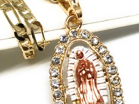 Gold Plated Tri-Color Classic Virgin Mary CZ Pendant Necklace 24  Virgen de Guadalupe Medalla Fashion