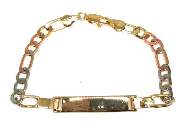 Gold Plated Tri-Color ID FIGARO Bracelet 7.5” 5.5mm Width Esclava For Cheap