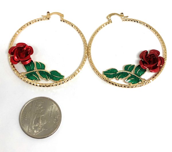 Gold Plated Rose Flower Hoop Earrings Flor Aretes Arracadas (2 INCH) For Sale