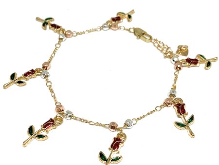 Gold Plated Rose Charms Tri-Color Bracelet 9” For Cheap