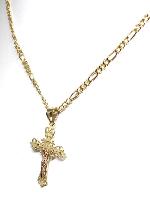 14k Solid Gold Yellow & Rose 2-Tone Jesus Cross Crucifix Pendant Necklace Cheap