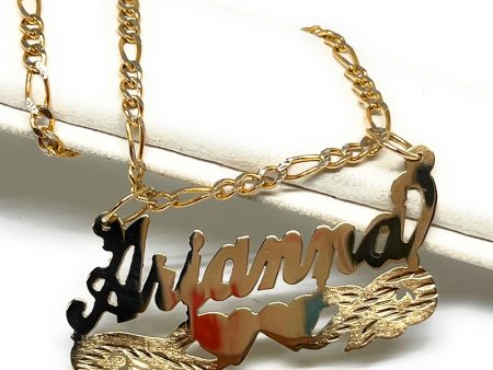 10k Solid Gold Custom CURSIVE WITH DOUBLE HEARTS Nameplate Pendant Necklace with Chain Options on Sale