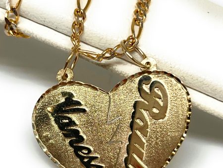 10k Solid Gold Custom Heart Split 2 Names Pendant Necklace with Chain Options on Sale