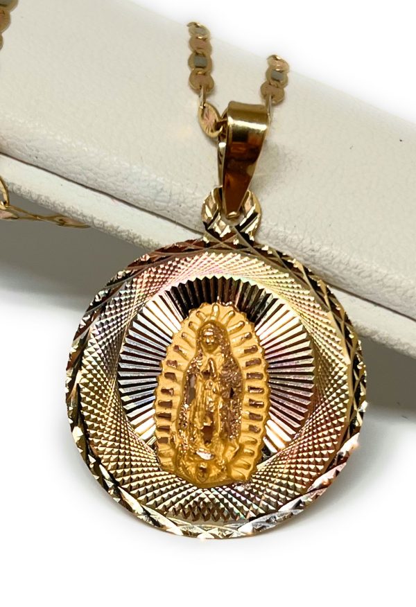 10k Solid Gold Tri-Color Jesus Sagrado Corazon & Virrgin Mary Double Sided Pendant Necklace (MADE IN MX) (MED, LG) Supply