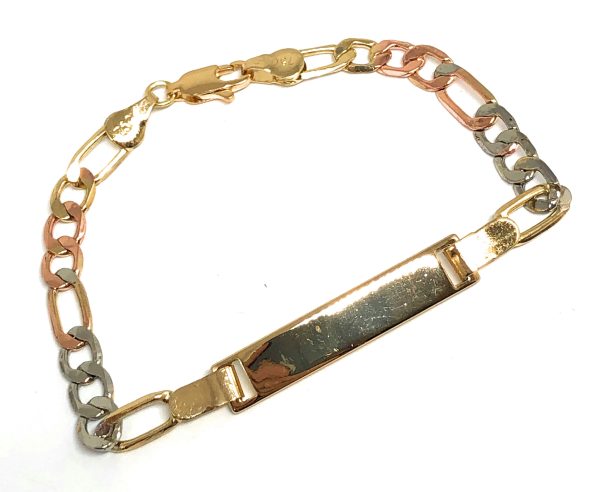 Gold Plated Tri-Color ID FIGARO Bracelet 7.5” 5.5mm Width Esclava For Cheap