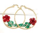 Gold Plated Rose Flower Hoop Earrings Flor Aretes Arracadas (2 INCH) For Sale