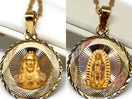 10k Solid Gold Tri-Color Jesus Sagrado Corazon & Virrgin Mary Double Sided Pendant Necklace (MADE IN MX) (MED, LG) Supply