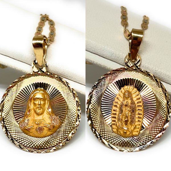 10k Solid Gold Tri-Color Jesus Sagrado Corazon & Virrgin Mary Double Sided Pendant Necklace (MADE IN MX) (MED, LG) Supply