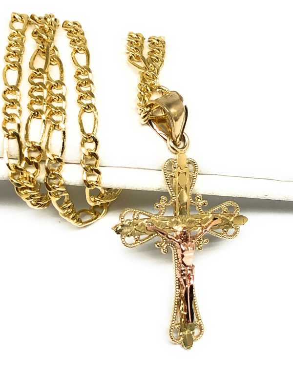 14k Solid Gold Yellow & Rose 2-Tone Jesus Cross Crucifix Pendant Necklace Cheap