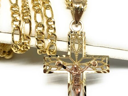 14k Solid Gold Yellow & Rose 2-Tone Jesus Cross Crucifix Pendant Necklace Fashion