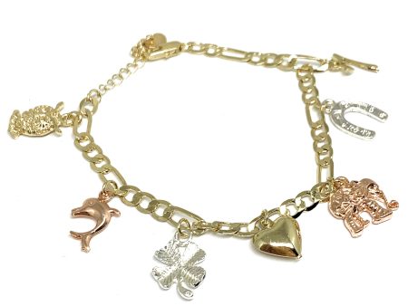 Gold Plated Tri-Color Lucky Symbols Charms Bracelet Pulsera Tres Colores Suerte 8” Discount