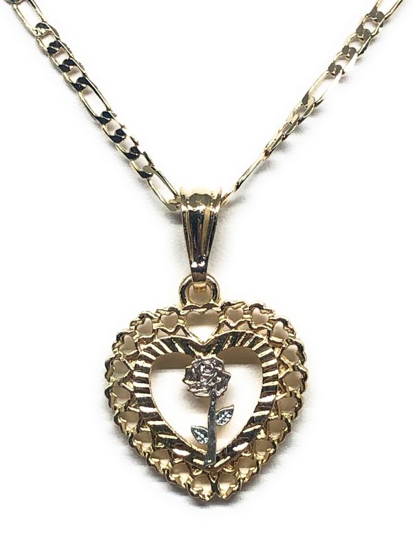 Gold Plated Tri-Color Heart Rose Pendant Necklace Figaro Chain 24” Hot on Sale