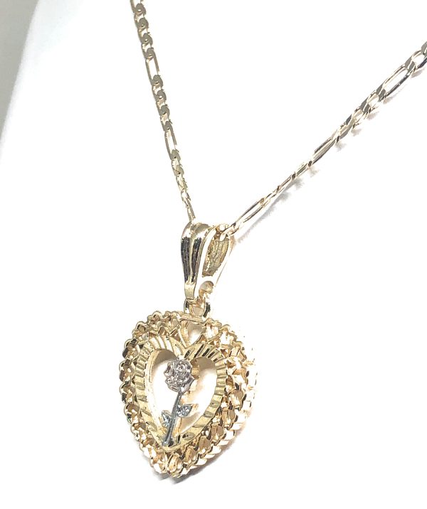 Gold Plated Tri-Color Heart Rose Pendant Necklace Figaro Chain 24” Hot on Sale