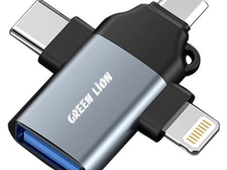 Green Lion 3 in 1 OTG to Lightning   Micro   Type-C Converter - Gray For Cheap