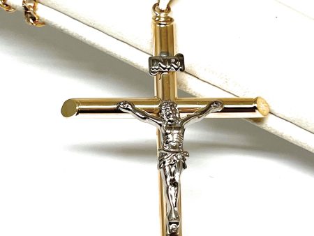 10k Solid Gold 2-Tone Classic Jesus Cross Crucifix Pendant Necklace (XS, SM, MED, LG) (MADE IN MX) For Cheap