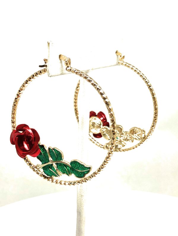 Gold Plated Rose Flower Hoop Earrings Flor Aretes Arracadas (2 INCH) For Sale