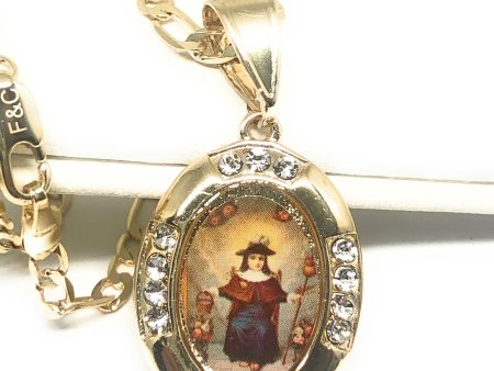 Gold Plated Santo Nino de Atocha Necklace Figaro 18  Medalla Oro Laminado Sale