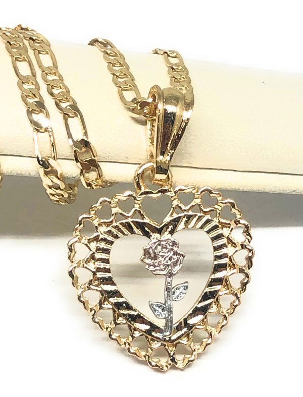 Gold Plated Tri-Color Heart Rose Pendant Necklace Figaro Chain 24” Hot on Sale