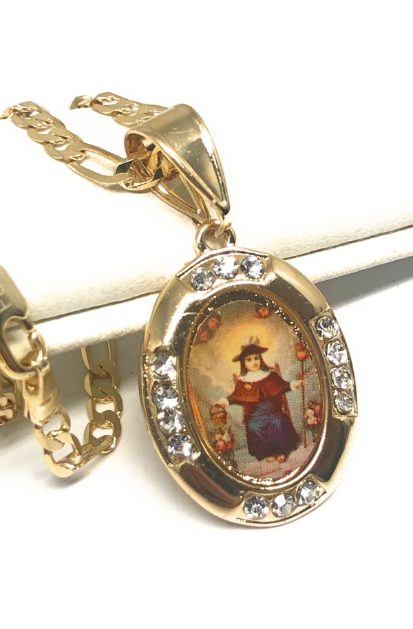 Gold Plated Santo Nino de Atocha Necklace Figaro 18  Medalla Oro Laminado Sale