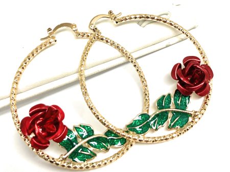 Gold Plated Rose Flower Hoop Earrings Flor Aretes Arracadas (2 INCH) For Sale