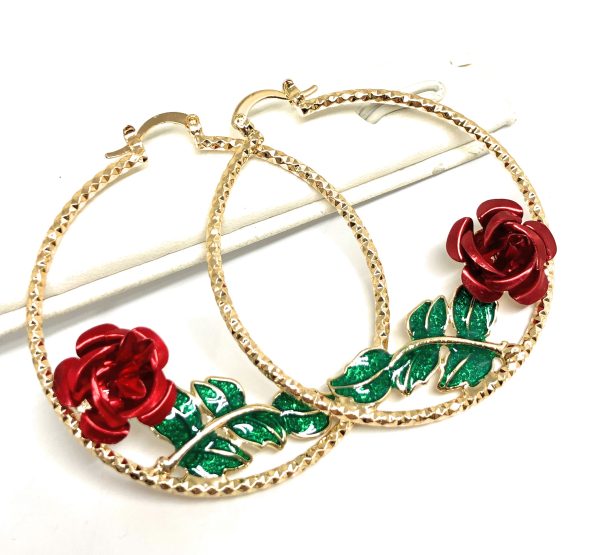 Gold Plated Rose Flower Hoop Earrings Flor Aretes Arracadas (2 INCH) For Sale