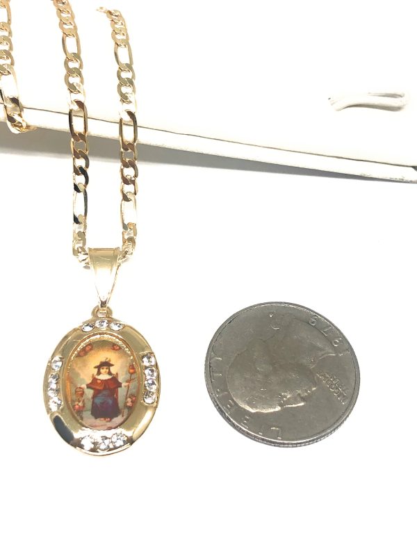 Gold Plated Santo Nino de Atocha Necklace Figaro 18  Medalla Oro Laminado Sale