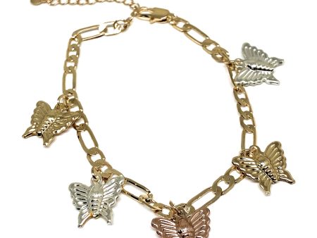 Gold Plated Tri-Color Butterfly Charm Figaro Bracelet 6.5-8 inch adjustable Discount