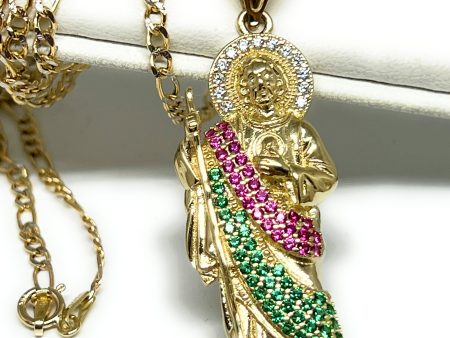 14k Solid Gold Yellow White, Green, Red CZ Saan Judas Saaint Jude Pendant with Chain Optional (MED, LG) Hot on Sale