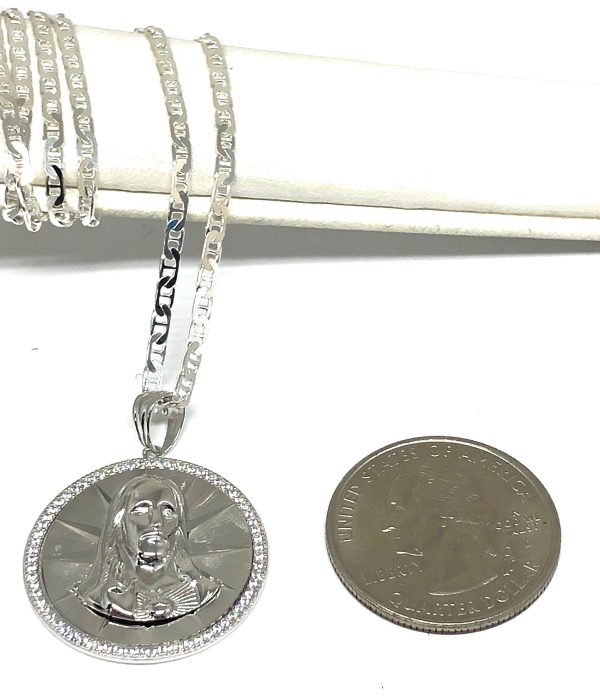 .925 Silver Jesus Sagrado Corazon CZ Pendant Necklace with Valentina Chain on Sale