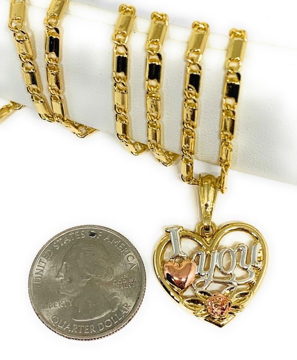 Gold Plated Heart  I Love you  Rose Pendant Necklace Chain 24” Corazón Medalla Online now