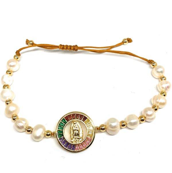 Gold Plated Colorful CZ Virgin Mary Pearl Bracelet Virgen De Guadalupe Pulsera 8  Adjustable Fashion