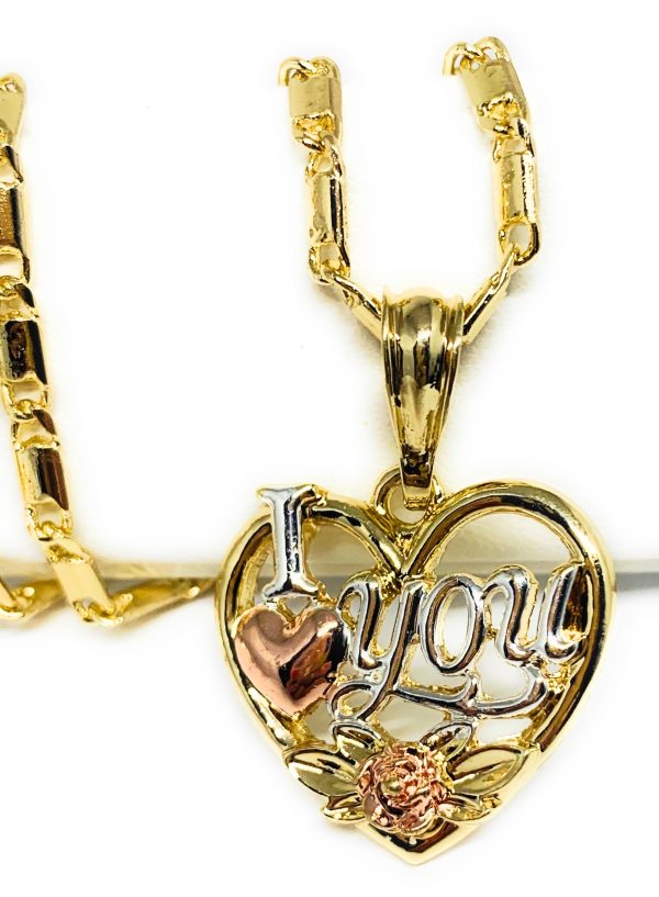 Gold Plated Heart  I Love you  Rose Pendant Necklace Chain 24” Corazón Medalla Online now