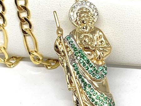 14k Solid Gold Yellow White & Green CZ Saan Judas Saaint Jude Pendant with Chain (SM, MED,LG)) Online now