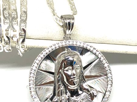 .925 Silver Jesus Sagrado Corazon CZ Pendant Necklace with Valentina Chain on Sale