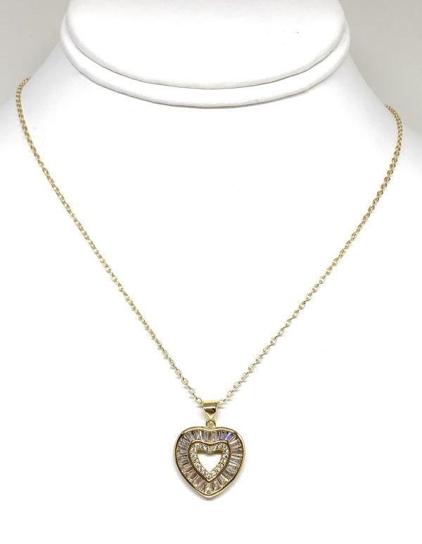 Gold Plated Layered Heart Cubic Zirconia Pendant Necklace Chain 20” For Cheap