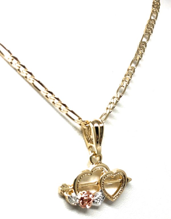 Gold Plated Tri-Color Double Heart Rose Pendant Necklace Chain 24” Corazón Medalla on Sale