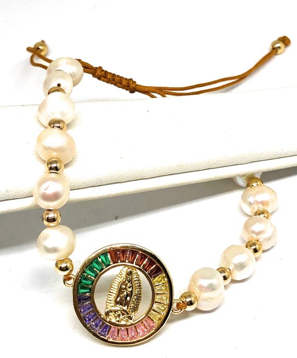 Gold Plated Colorful CZ Virgin Mary Pearl Bracelet Virgen De Guadalupe Pulsera 8  Adjustable Fashion