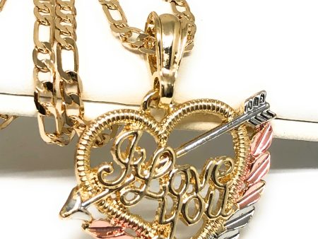 Gold Plated Tri-Color Heart  I Love you  Pendant Necklace Chain 24” Corazón Medalla Online Hot Sale