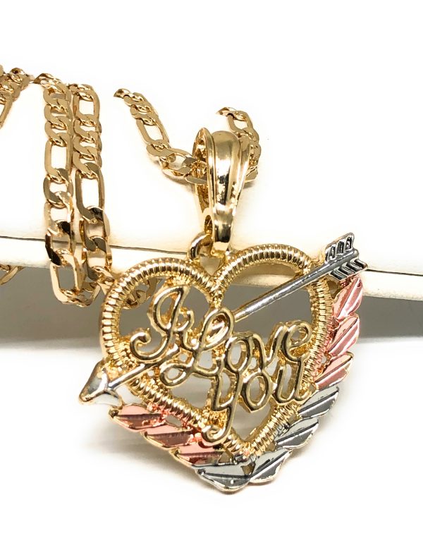 Gold Plated Tri-Color Heart  I Love you  Pendant Necklace Chain 24” Corazón Medalla Online Hot Sale