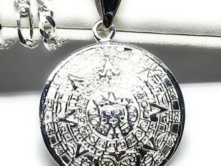 .925 SILVER AZTEC CALENDAR Pendant Necklace with Figaro Chain For Cheap