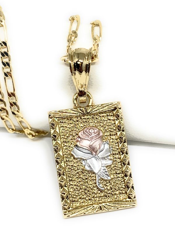 Gold Plated Rose Square Portrait Pendant Necklace Chain 24” Flor Hot on Sale