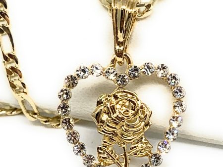 Gold Plated Rose Heart CZ Pendant Necklace Chain 24” Flor Pendant Online Sale