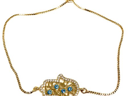 Gold Plated Hamsa Hand Evil Eye Adjustable Bracelet 9 inch on Sale