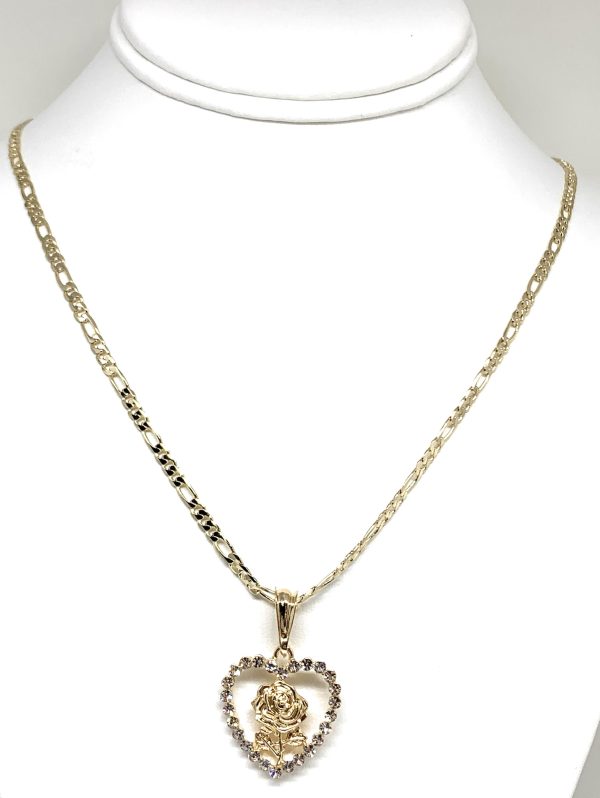 Gold Plated Rose Heart CZ Pendant Necklace Chain 24” Flor Pendant Online Sale