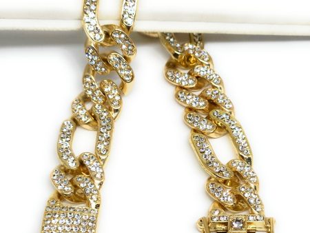 Gold Plated FIGARO ICED OUT CZ Bracelet 8  13MM Width For Cheap