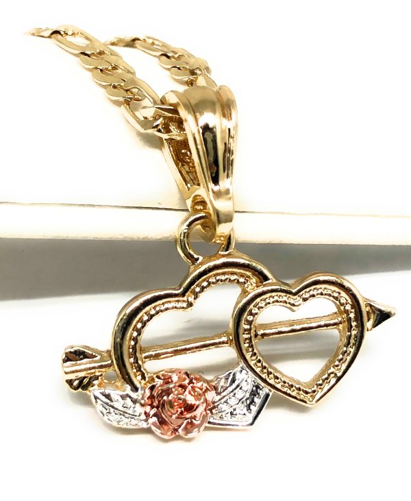 Gold Plated Tri-Color Double Heart Rose Pendant Necklace Chain 24” Corazón Medalla on Sale