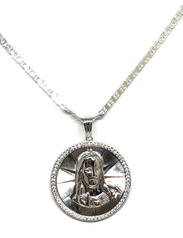 .925 Silver Jesus Sagrado Corazon CZ Pendant Necklace with Valentina Chain on Sale