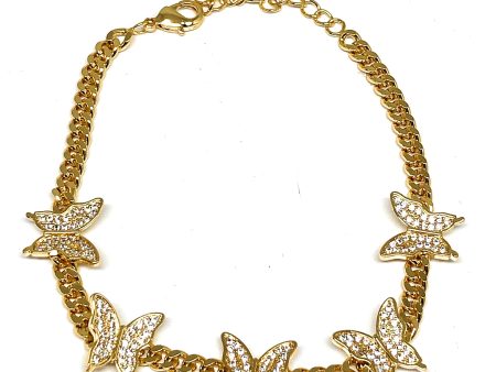 Gold Plated CZ Butterfly Charm Miami Cuban Link Bracelet 7-9 inch adjustable For Discount